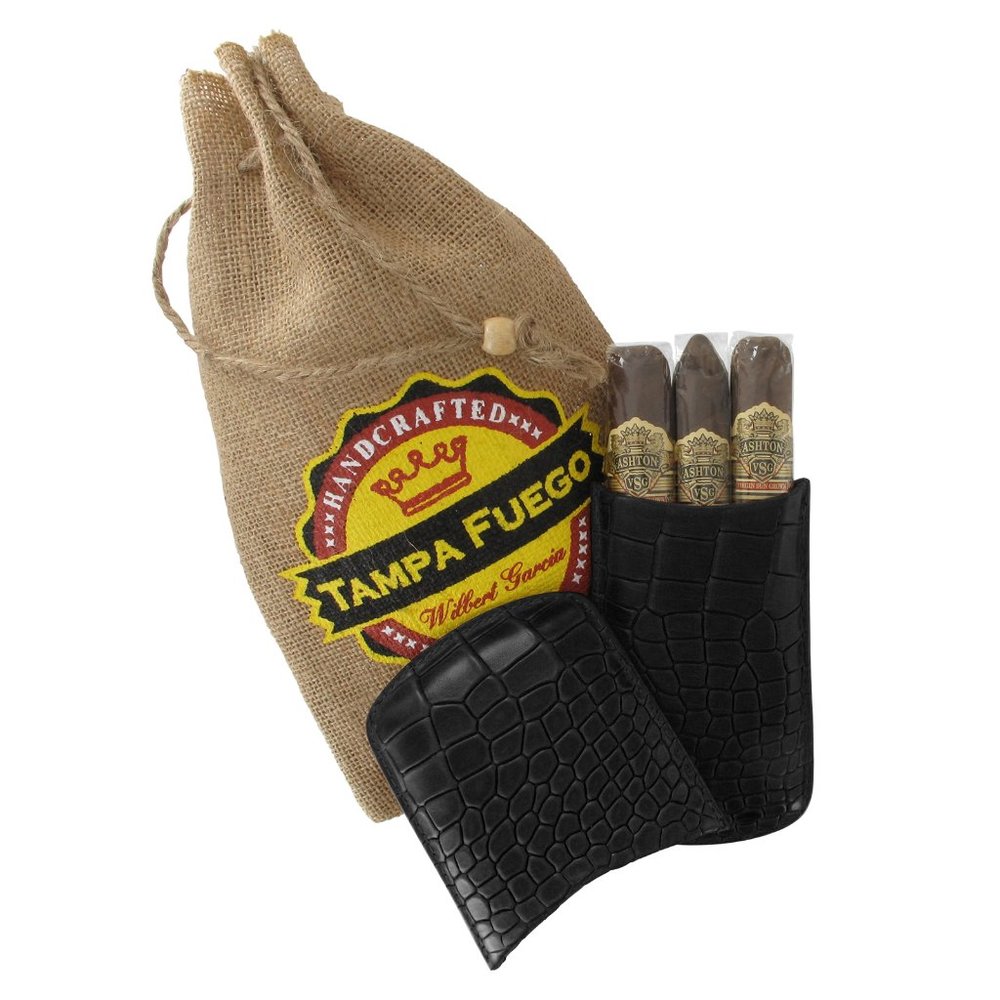 Tampa Fuego Crocodile Grain Black Genuine Leather Cigar Case